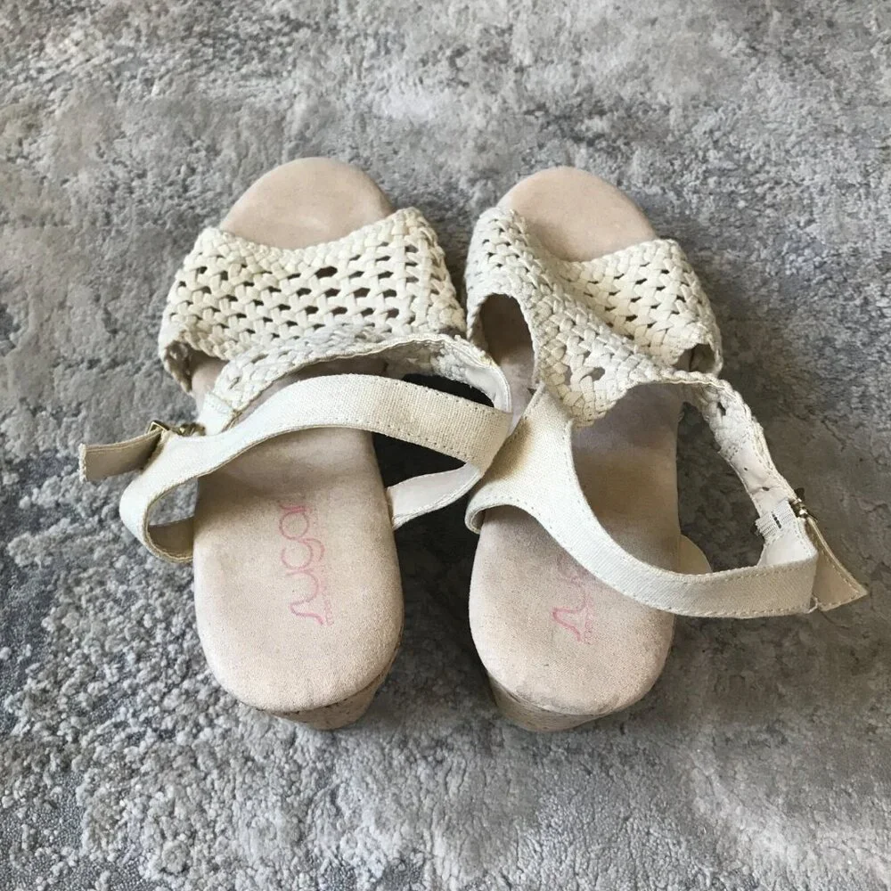 Sugar Women's 9.5 Jollie Off White Wedge Cork Slingback Crochet Sandals Shoes